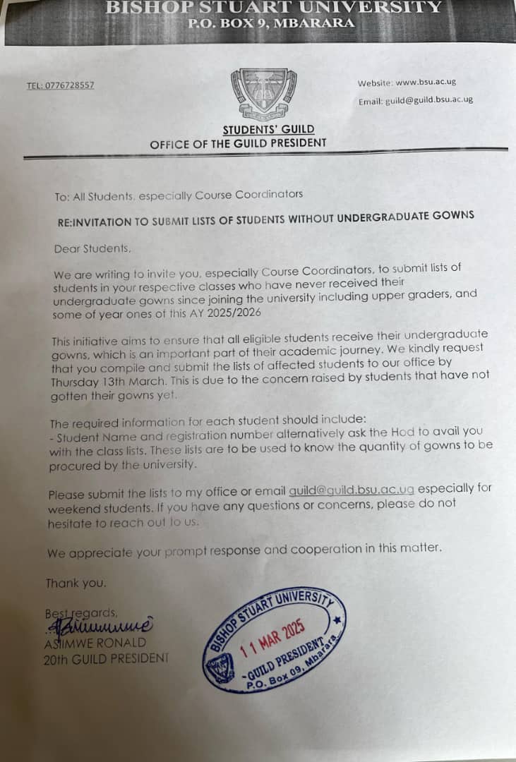 20th Guild President HE Asiimwe Ronald Invites Submissions for Students Without Undergraduate Gowns